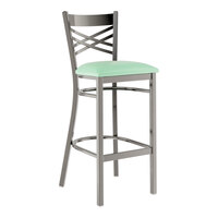 Lancaster Table & Seating Clear Coat Finish Cross Back Bar Stool with 2 1/2" Seafoam Vinyl Padded Seat - Assembled
