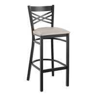 Lancaster Table & Seating Black Finish Cross Back Bar Stool with 2 1/2" Light Gray Vinyl Padded Seat - Assembled