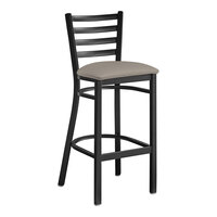 Lancaster Table & Seating Black Finish Ladder Back Bar Stool with 2 1/2" Dark Gray Vinyl Padded Seat