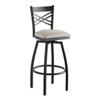 Lancaster Table & Seating Black Finish Cross Back Swivel Bar Stool with 2 1/2" Light Gray Vinyl Padded Seat