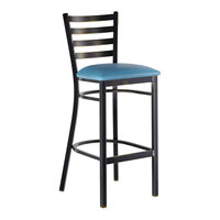 Lancaster Table & Seating Distressed Copper Finish Ladder Back Bar Stool with 2 1/2" Blue Vinyl Padded Seat - Assembled