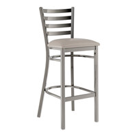 Lancaster Table & Seating Clear Coat Finish Ladder Back Bar Stool with 2 1/2" Light Gray Vinyl Padded Seat