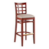Lancaster Table & Seating Mahogany Finish Wood Window Back Bar Stool with Light Gray Vinyl Seat - Assembled