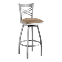 Lancaster Table & Seating Clear Coat Finish Cross Back Swivel Bar Stool with 2 1/2" Taupe Vinyl Padded Seat