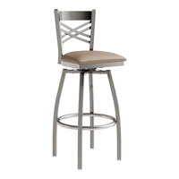 Lancaster Table & Seating Clear Coat Finish Cross Back Swivel Bar Stool with 2 1/2" Taupe Vinyl Padded Seat