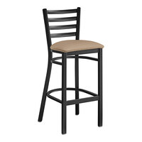 Lancaster Table & Seating Black Finish Ladder Back Bar Stool with 2 1/2" Taupe Vinyl Padded Seat