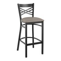 Lancaster Table & Seating Black Finish Cross Back Bar Stool with 2 1/2" Dark Gray Vinyl Padded Seat