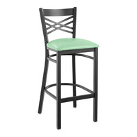 Lancaster Table & Seating Black Finish Cross Back Bar Stool with 2 1/2" Seafoam Vinyl Padded Seat