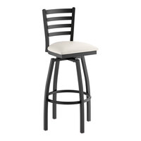 Lancaster Table & Seating Black Finish Ladder Back Swivel Bar Stool with 2 1/2" Light Gray Vinyl Padded Seat