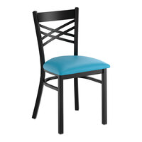 Lancaster Table & Seating Black Finish Cross Back Chair with 2 1/2" Blue Vinyl Padded Seat - Assembled