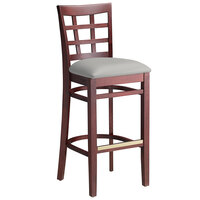 Lancaster Table & Seating Mahogany Finish Wood Window Back Bar Stool with Light Gray Vinyl Seat