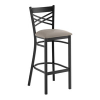 Lancaster Table & Seating Black Finish Cross Back Bar Stool with 2 1/2" Dark Gray Vinyl Padded Seat - Assembled
