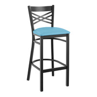 Lancaster Table & Seating Black Finish Cross Back Bar Stool with 2 1/2" Blue Vinyl Padded Seat