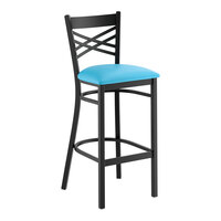 Lancaster Table & Seating Black Finish Cross Back Bar Stool with 2 1/2" Blue Vinyl Padded Seat - Assembled