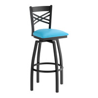 Lancaster Table & Seating Black Finish Cross Back Swivel Bar Stool with 2 1/2" Blue Vinyl Padded Seat