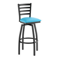Lancaster Table & Seating Black Finish Ladder Back Swivel Bar Stool with 2 1/2" Blue Vinyl Padded Seat
