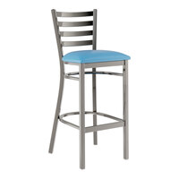 Lancaster Table & Seating Clear Coat Finish Ladder Back Bar Stool with 2 1/2" Blue Vinyl Padded Seat