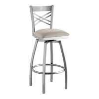 Lancaster Table & Seating Clear Coat Finish Cross Back Swivel Bar Stool with 2 1/2" Light Gray Vinyl Padded Seat