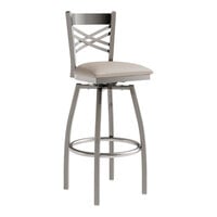Lancaster Table & Seating Clear Coat Finish Cross Back Swivel Bar Stool with 2 1/2" Light Gray Vinyl Padded Seat