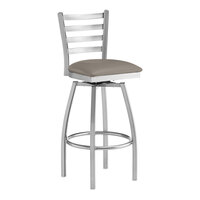 Lancaster Table & Seating Clear Coat Finish Ladder Back Swivel Bar Stool with 2 1/2" Dark Gray Vinyl Padded Seat