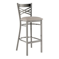 Lancaster Table & Seating Clear Coat Finish Cross Back Bar Stool with 2 1/2" Light Gray Vinyl Padded Seat - Detached Seat