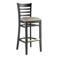 Lancaster Table & Seating Black Finish Wood Ladder Back Bar Stool with Dark Gray Vinyl Seat - Assembled