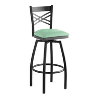 Lancaster Table & Seating Black Finish Cross Back Swivel Bar Stool with 2 1/2" Seafoam Vinyl Padded Seat