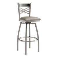 Lancaster Table & Seating Clear Coat Finish Cross Back Swivel Bar Stool with 2 1/2" Dark Gray Vinyl Padded Seat