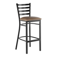 Lancaster Table & Seating Black Finish Ladder Back Bar Stool with 2 1/2" Taupe Vinyl Padded Seat - Assembled