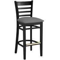 Lancaster Table & Seating Black Finish Wood Ladder Back Bar Stool with Dark Gray Vinyl Seat