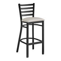 Lancaster Table & Seating Black Finish Ladder Back Bar Stool with 2 1/2" Light Gray Vinyl Padded Seat - Assembled