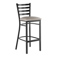 Lancaster Table & Seating Black Finish Ladder Back Bar Stool with 2 1/2" Light Gray Vinyl Padded Seat - Assembled