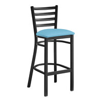 Lancaster Table & Seating Black Finish Ladder Back Bar Stool with 2 1/2" Blue Vinyl Padded Seat