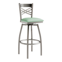 Lancaster Table & Seating Clear Coat Finish Cross Back Swivel Bar Stool with 2 1/2" Seafoam Vinyl Padded Seat
