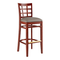 Lancaster Table & Seating Mahogany Finish Wood Window Back Bar Stool with Dark Gray Vinyl Seat - Assembled