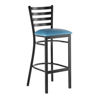 Lancaster Table & Seating Black Finish Ladder Back Bar Stool with 2 1/2" Blue Vinyl Padded Seat - Assembled