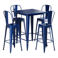 Lancaster Table & Seating Alloy Series 31 1/2" x 31 1/2" Sapphire Bar Height Outdoor Table with 4 Cafe Barstools