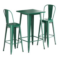 Lancaster Table & Seating Alloy Series 23 1/2" x 23 1/2" Emerald Green Bar Height Outdoor Table with 2 Cafe Barstools