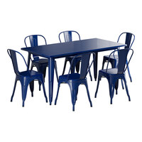 Lancaster Table & Seating Alloy Series 63" x 31 1/2" Sapphire Standard Height Outdoor Table with 6 Cafe Chairs