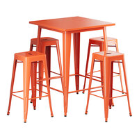 Lancaster Table & Seating Alloy Series 31 1/2" x 31 1/2" Amber Orange Bar Height Outdoor Table with 4 Backless Barstools