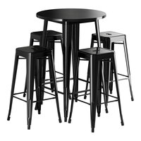 Lancaster Table & Seating Alloy Series 30" Round Onyx Black Bar Height Outdoor Table with 4 Backless Barstools