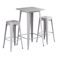 Lancaster Table & Seating Alloy Series 23 1/2" x 23 1/2" Nickel Gray Bar Height Outdoor Table with 2 Backless Barstools