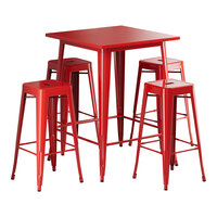 Lancaster Table & Seating Alloy Series 31 1/2" x 31 1/2" Ruby Red Bar Height Outdoor Table with 4 Backless Barstools