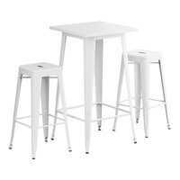 Lancaster Table & Seating Alloy Series 23 1/2" x 23 1/2" Pearl White Bar Height Outdoor Table with 2 Backless Barstools