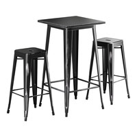 Lancaster Table & Seating Alloy Series 23 1/2" x 23 1/2" Distressed Onyx Black Bar Height Outdoor Table with 2 Backless Barstools