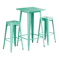 Lancaster Table & Seating Alloy Series 23 1/2" x 23 1/2" Aquamarine Bar Height Outdoor Table with 2 Backless Barstools