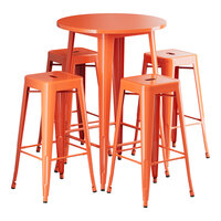 Lancaster Table & Seating Alloy Series 30" Round Amber Orange Bar Height Outdoor Table with 4 Backless Barstools