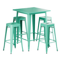 Lancaster Table & Seating Alloy Series 31 1/2" x 31 1/2" Aquamarine Bar Height Outdoor Table with 4 Backless Barstools