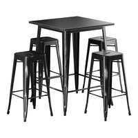 Lancaster Table & Seating Alloy Series 31 1/2" x 31 1/2" Distressed Onyx Black Bar Height Outdoor Table with 4 Backless Barstools