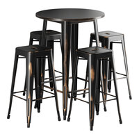 Lancaster Table & Seating Alloy Series 30" Round Distressed Copper Bar Height Outdoor Table with 4 Backless Barstools